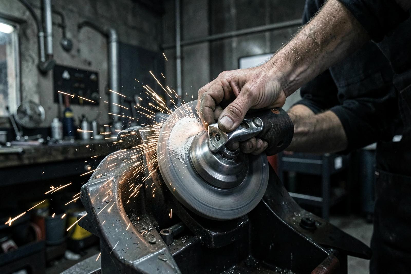 Vakman slijpt en polijst een metalen onderdeel in het atelier